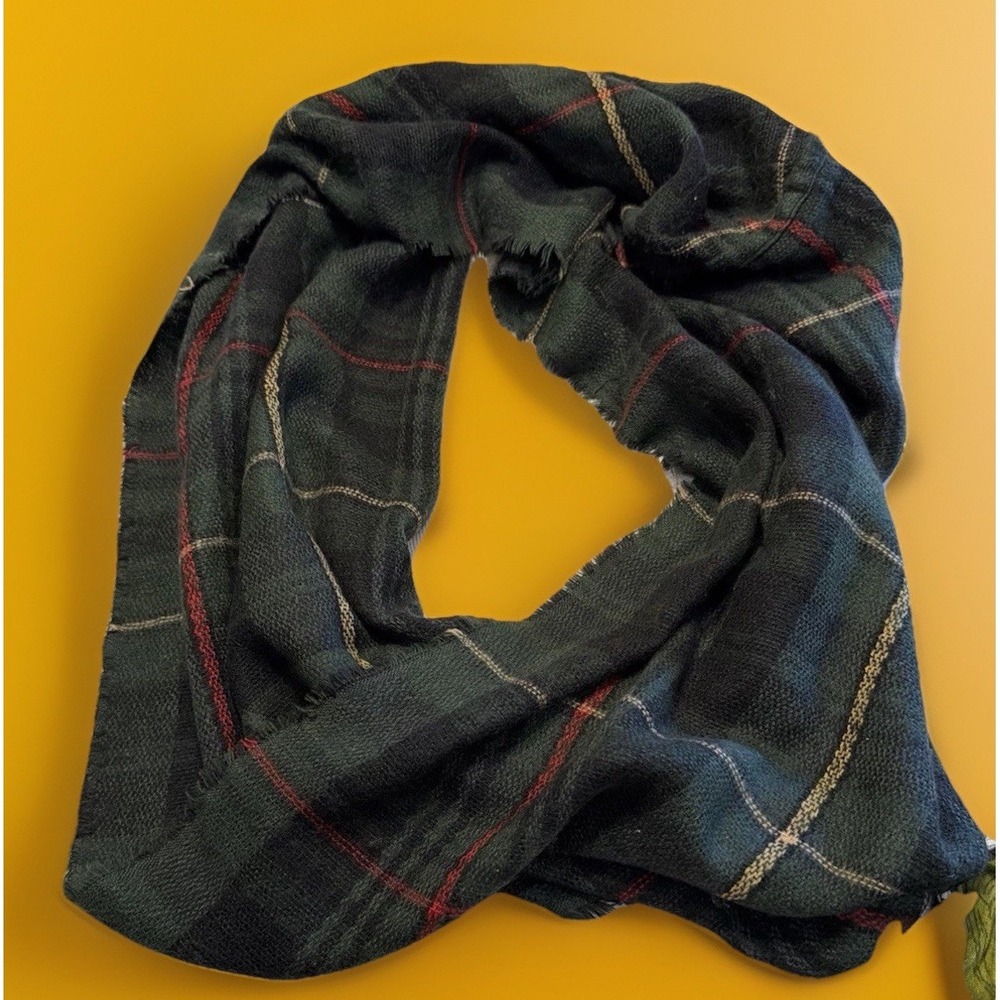 Forest Fairy Green Red Plaid Infinity Scarf Cowl Neck Fringe Preppy Classic
